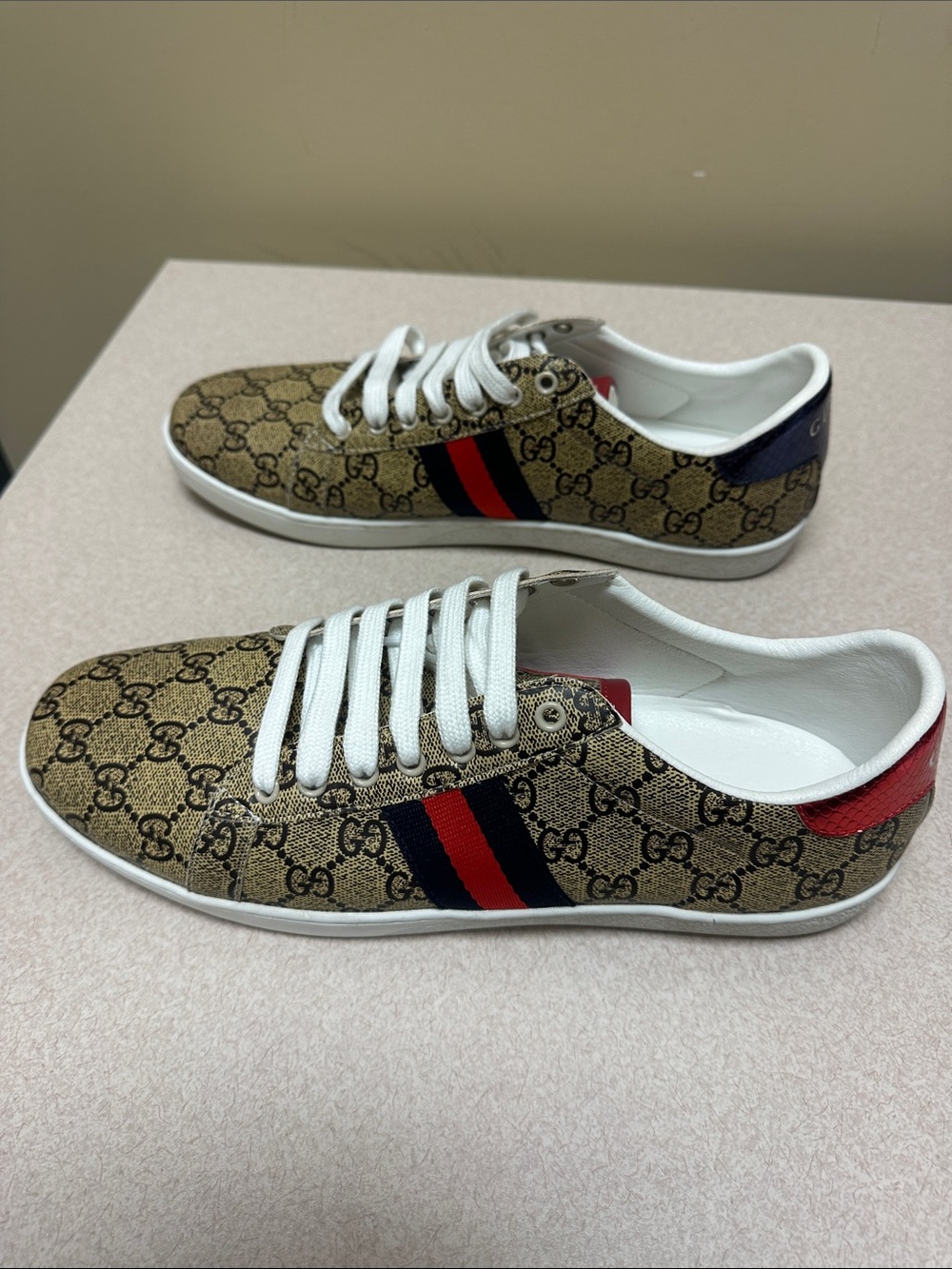 Monogram Pattern Low-Top Sneakers in Brown with Red & Blue Stripe- US-11.5/12 - Picture 2 of 7